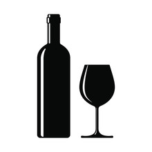 Wine Bottle With Wine Glass Icon Isolated On White Background. Vector Illustration.