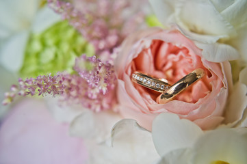 Wall Mural - Wedding rings with diamonds, pink peony, Bridal bouquet