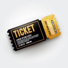 Vector Ticket For Cinema, Theater, Concert, Movie, Performance, Party, Event Festival. Realistic Black And Gold Vip Ticket Template