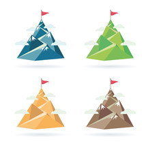 Set Of Flag On The Mountain Peak. Way To Successful Business. Vector Illustration