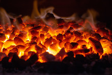 Abstract Background Of Glowing Coals In Fireplace With Fire Flames. Burning Flame Background