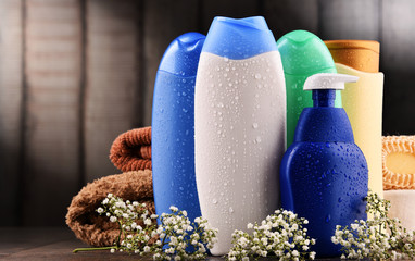 Plastic bottles of body care and beauty products