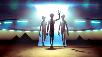 Wall Mural - aliens landing with ufo on earth coming in peace near pyramids - 3d rendering