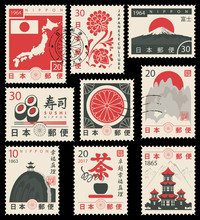 Set Of Vector Postage Stamps On The Theme Of Japanese Culture In Retro Style. Hieroglyph Japan Post, Sushi, Tea, Perfection, Happiness, Truth