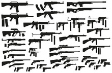Graphic Black Detailed Silhouette Pistols, Guns, Rifles, Submachines, Revolvers And Shotguns. Isolated On White Background. Vector Weapon And Firearm Icons Set. Vol. 1