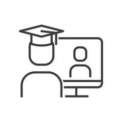 Wall Mural - online education icon of speaking teacher and graduate student in front of computer with e-book or a