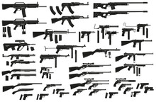 Graphic Black Detailed Silhouette Pistols, Guns, Rifles, Submachines, Revolvers And Shotguns. Isolated On White Background. Vector Weapon And Firearm Icons Set. Vol. 2