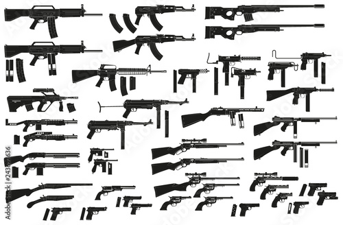 Fotografía Graphic black detailed silhouette pistols, guns, rifles, submachines, revolvers and shotguns