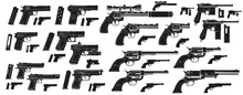 Graphic Black And White Detailed Silhouette Modern And Retro Pistols And Revolvers With Ammo Clip. Isolated On White Background. Vector Icon Set.