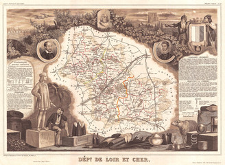 Fototapete - 1852, Levasseur Map of the Department de Loir-et-Cher, France, Loire Valley Wine Region
