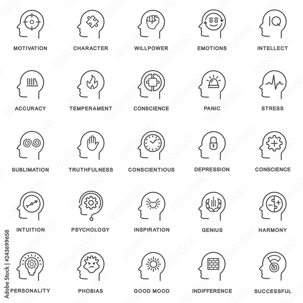 Icons psychology of personality. Psychology of the human personality in the process of life. The thin contour lines. - obrazy, fototapety, plakaty 