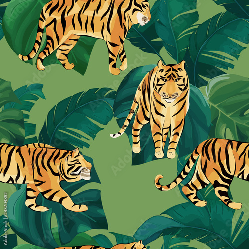 Exotic seamless pattern. Tropical leaves and tiger. Vector illustration