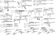 Graphic Black And White Detailed Silhouette Pistols, Guns, Rifles, Submachines, Revolvers And Shotguns. Isolated On White Background. Vector Weapon And Firearm Icons Set.