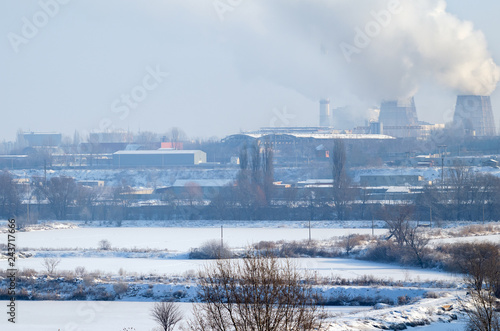 Plakat Elektrownia cieplna z kominami, krajobraz przemysłowy