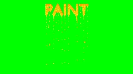 Animated dripping a lot of Gold paint or pigment or ink or melted gold from all caps text Paint. Liquid is dripping from three dimensional letters against green background.