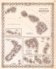 Fototapete - 1855, Colton Map of Hawaii and New Zealand