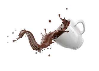 Wall Mural - White porcelain Mug cup with liquid chocolate wave splash.