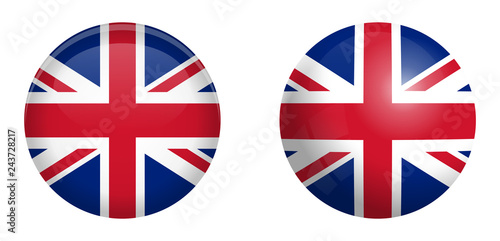 Fotografía British Union Jack flag under 3d dome button and on glossy sphere / ball