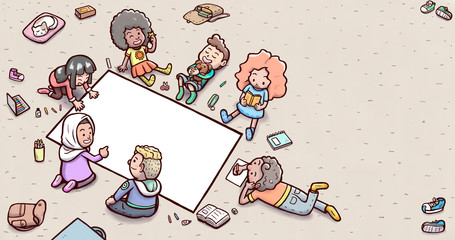 group of children doing homework on the floor - blank poster horizontal
