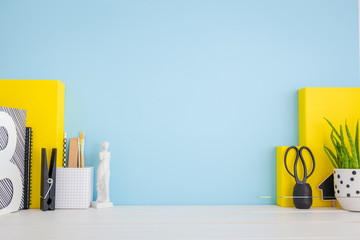 Wall Mural - Blue workspace desk mock up and yellow stationery.