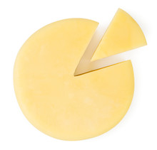 Round Cheese And A Slice On A White. The Form Of The Top.