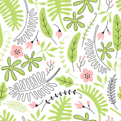 Hand drawn seamless pattern with tropical leaves and flowers. Perfect for kids fabric, textile, nursery wallpaper.