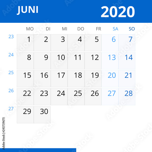 Monatskalender JUNI 2020 mit Kalenderwoche in der Farbe blau – kaufen