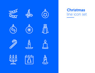 Poster - Christmas line icon set. Set of line icons on white background. Festive concept. Angel, candle, calendar. Vector illustration can be used for topics like Christmas, new year, decoration 