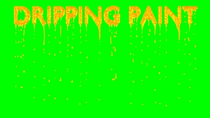 Animated dripping a lot of Gold paint or pigment or ink or melted gold from all caps text Dripping Paint. Liquid is dripping from three dimensional letters against green background.