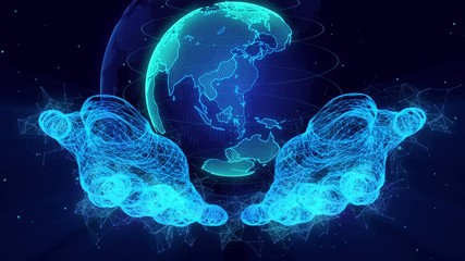 Brand new world. Digital data globe - abstract 3D rendering of a scientific technology data network surrounding planet earth in digital geometric hands