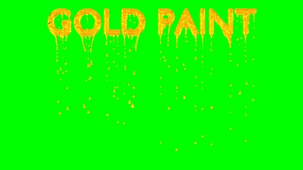 Animated dripping a lot of Gold paint or pigment or ink or melted gold from all caps text Gold Paint. Liquid is dripping from three dimensional letters against green background.