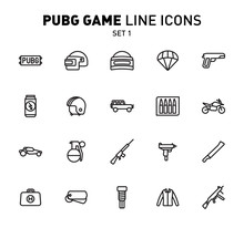 PUBG Game Line Icons. Vector Illustration Of Combat Facilities. Linear Design. The Set 1 Of Icons For PlayerUnknown's Battlegrounds.
