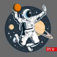 Wall Mural - Astronaut playing basketball in space. Planets on background. Vector illustration.