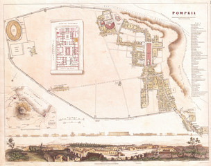 Fototapete - 1832, S.D.U.K. City Plan or Map of Pompeii, Italy