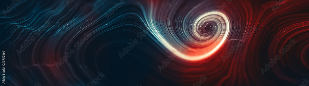 Abstract creative modern colorful ultra wide background. Neon glowing twisted cosmic lines. Beautiful swirls, bright turbulence curls. Smooth astronomy vortex structure. 3d rendering - obrazy, fototapety, plakaty 