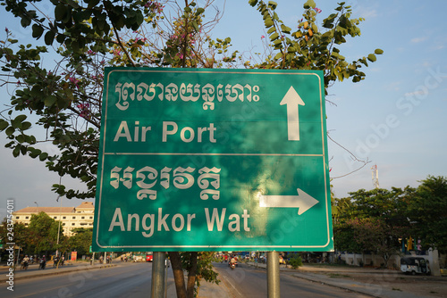 Fotografía Siem Reap,Cambodia-Januay 9, 2019: A road direction sign on National Highway 6 i