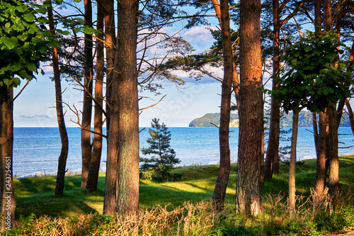 View from the promenade in Binz to the Baltic Sea and the cliff in Sellin. Po...