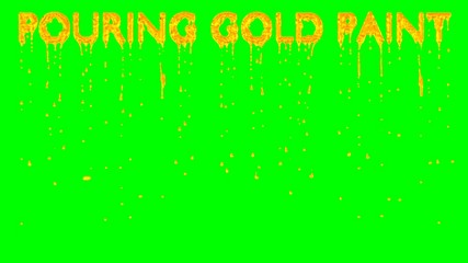 Animated dripping a lot of Gold paint or pigment or ink or melted gold from all caps text Pouring Gold Paint. Liquid is dripping from three dimensional letters against green background.