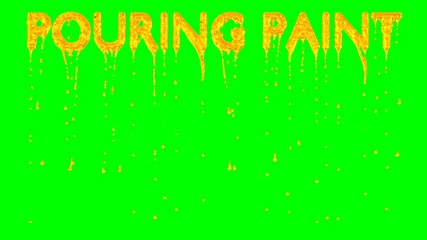 Animated dripping a lot of Gold paint or pigment or ink or melted gold from all caps text Pouring Paint. Liquid is dripping from three dimensional letters against green background.