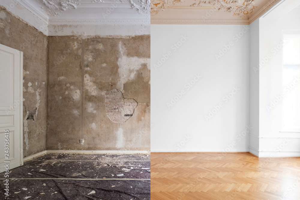 Wohnung renovieren - leeres Zimmer bevor und nach Renovierung  - obrazy, fototapety, plakaty 