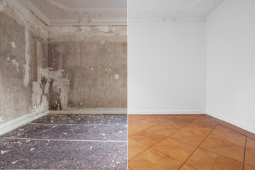 Wall Mural - flat renovation concept, empty room before and after refurbishment or restoration , primed and painted wall background -