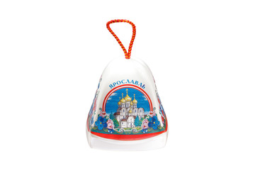 ceramic souvenir toy in the form of bell with beautiful color painting on isolated white background reflecting the national Russian culture with the inscription in Russian: city name Yaroslavl