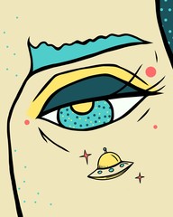 Surreal illustration of colorful turquoise eye with red circles, turquoise dots and flying saucer with red stars. Yellow makeup. Fantasy drawing on beige background. Pop art concept