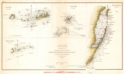 Fototapete - 1853, U.S. Coast Survey Map of Key Biscayne Bay, Key West and the Cedar Keys, Florida