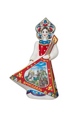 Wall Mural - ceramic souvenir toy in the form of matryoshka with beautiful color painting on isolated white background reflecting the national Russian culture with the inscription in Russian: city name Yaroslavl