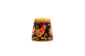 Wall Mural - ceramic souvenir toy in the form of thimble with beautiful color painting on isolated white background reflecting the national Russian culture with the inscription in Russian: 