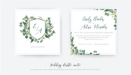 Wall Mural - Wedding double invite, invitation, save the date card floral design. Elegant monogram with silver dollar eucalyptus greenery leaves, green branches & creamy powder wax flower wreath. Trendy classy set