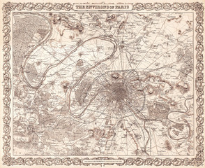 Fototapete - 1855, Colton Map or City Plan of Paris, France