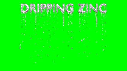 Animated dripping a lot of melted zinc or silver paint or liquid metal from all caps text Silver. Liquid is dripping from three dimensional letters against green background.