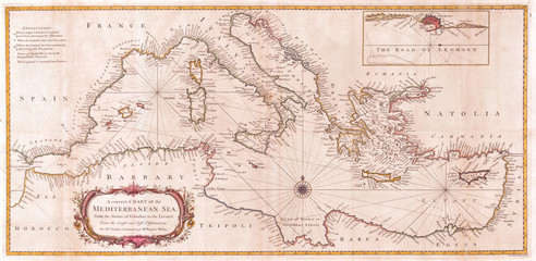 Fototapete - 1745, Seale Map or Chart of the Mediterranean Sea